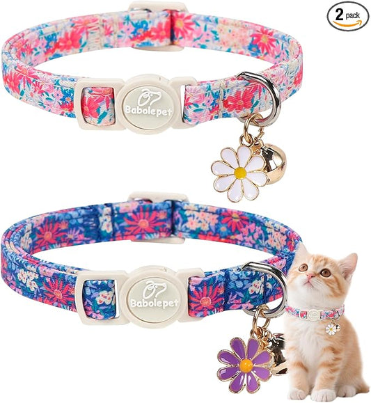 2 Pack Floral Cat Collars - Spring Summer Wildflower Breakaway Safety Cat Collars, Adjustable Soft Boy Girl Kitten Collar for Small Dogs Puppy, Cute Pet Collar with Bell & Pendant