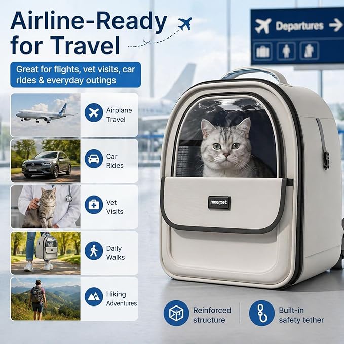 Cat Backpack Carrier for Cats and Small Dogs, Airline-Friendly Pet Carrier Backpack with Clear Window, Breathable Mesh, Soft Sided Foldable Cat Bag, Dog Backpack Carrier for Travel Vet Hiking
