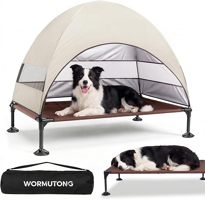 Elevated Outdoor Dog Bed with Canopy, Raised Dog Cot with Stable Adjustable Feet, Dog Camping Bed with Larger Shade, Lifted Dog Tent Bed with Canopy for Outside (Beige, Large)