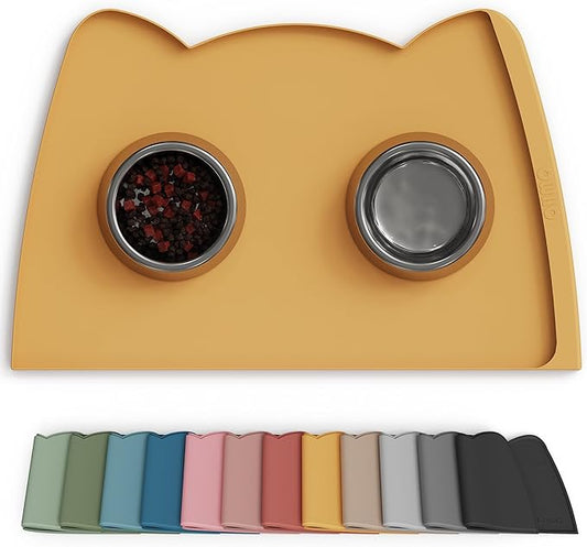 OHMO Dog Food Mat(Honey, 24 * 15'') w/Residue Collection Pocket Silicone Pet Feeding Mat for Floor High Edges Anti Spills Waterproof Cat Water Bowl Tray, Easy Clean Placemat