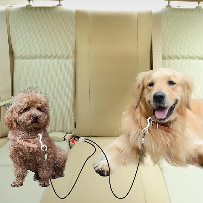 Dog Seat Belt Harness for Car,2pcs Dog Seatbelt of Coated Wire Leash Safety Restraint,No Chew Tether Cable Vehicle Dogs Accessories,Double Clips & Latch (2-in-1 Harness, 24 inch/60 CM)