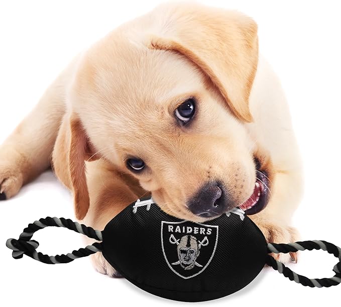 Pets First NFL Raiders Football Dog Toy, Tough Quality Nylon Materials, Strong Pull Ropes, Inner Squeaker, NFL Team Color
