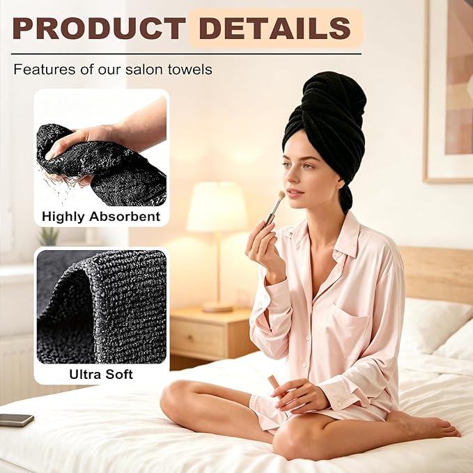 Puomue Black Salon Towels, Super Soft and Absorbent Microfiber Hair Towel for Salon, Bath, Spa, Pool and Home, 27 inch X 16 inch (Black - 12 Pack)