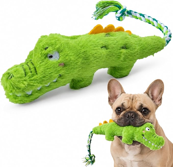 Squeaky Plush Crocodile Dog Toy with a Rope Tail,Crinkle Stuffed Dog Toy Keep Them Busy Tug of War Training Play, Dog Chew Toys for Small Dogs (Green)