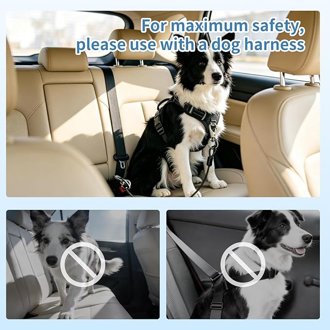 2-in-1 Dog Seat Belt for Car, Chew Proof Pet Safety Belt for Dog, Heavy Duty Dog Car Harness Restraint, Waterproof Coated Steel Wire Dog Leash (Black*2, 24inch/60 CM)