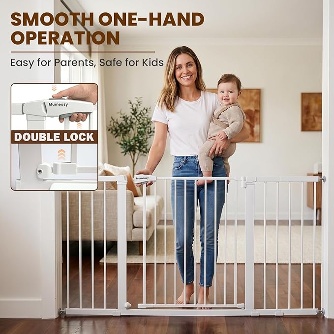 Mumeasy 36-63" Extra Wide Baby Gate for Stairs, 28.74" Walk Through Large Dog Gate for Doorways & Hallways, Auto Close Pet Gate Indoor, Pressure Mounted Child Wide Long Safety Gate for House, White