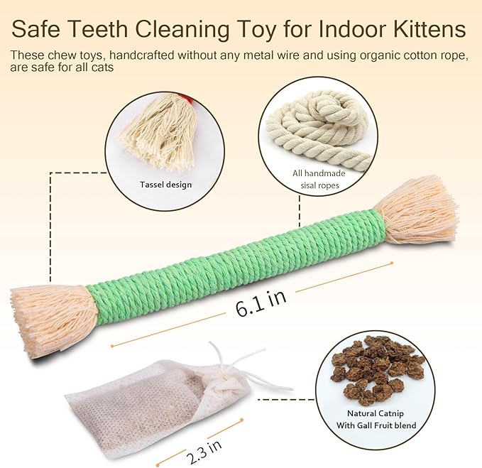 Retro Shaw 6Pcs Cat Chew Ropes with Refillable Natural Catnip,Safe Teeth Cleaning Toy for Indoor Kittens and Cats, Quiet Interactive Kicker String Toys