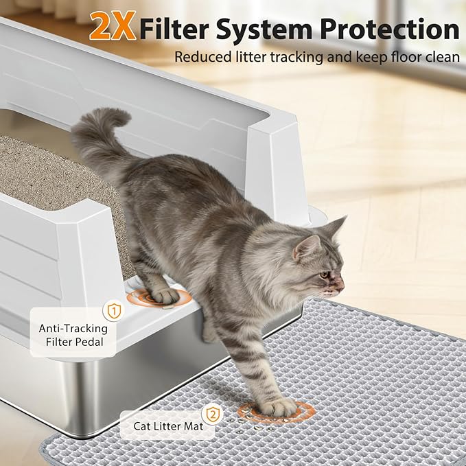 FURTIME Stainless Steel Cat Litter Box, Easy-Clean High-Sided Metal Litter Box, Open-Top Litter Pan for Large Cats, Great for Multi-Cat Homes,Includes Scoop&Mat, Non-Stick, Anti-Leakage, 28"×20"×12.2"