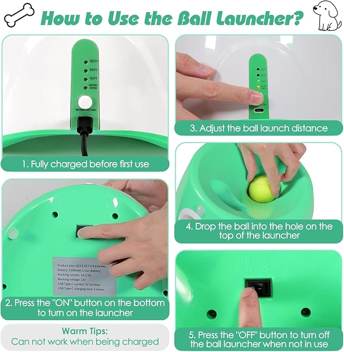 TeqHome Automatic Ball Launcher for Dogs, Dog Ball Thrower Launcher Fetch Machine with 3 Adjustable Distance & 6 Tennis Balls (2 inch),Indoor Outdoor Interactive Puppy Pet Toy for Small to Medium Dogs