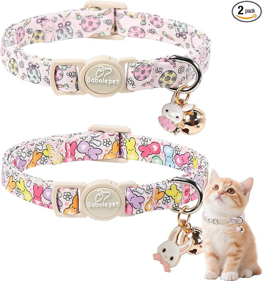 2 Pack Easter Cat Collars - Pastel Bunny&Egg Print Breakaway Easter Cat Collar with Bell & Bunny Pendant, Adjustable Cute Spring Holiday Kitten Collars for Boy Girl Cats