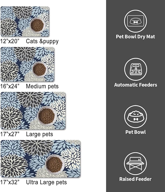 Dog Food Mats for Floors, Absorbent and Quick-Drying Pet Cat Food Mat,Anti-Fouling and Easy-to-Clean Pet Feeding Mat,Dog Bowl Mat for Messy Drinking Water Bowls.17x27, Bohemia Dahlia Floral Style