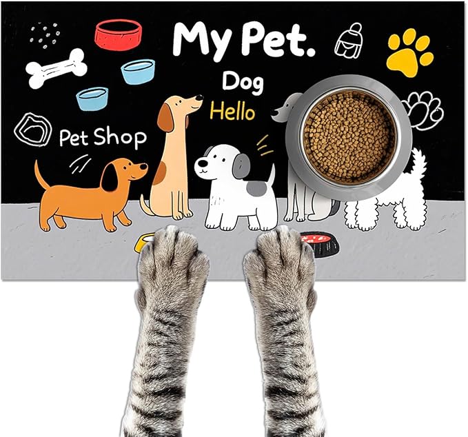 HOMETITUTE Funning My Pet Dog Pattern Dog Feeding Mat Pet Food Mat for Dogs and Cats Cute Puppy Design Pet Bowl Mat with Bone Paw and Non Slip Cat Feeding Mats for Home Kitchen Floor 20" x 12"