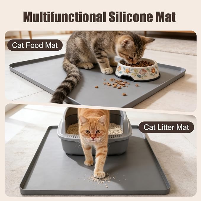 Silicone Cat Litter Mat 24x20 in Waterproof Litter Box Mat Leak-Proof Thick Under Kitty Litter Box Feeding Tray with Raised Edges for Floor Carpet, Grey