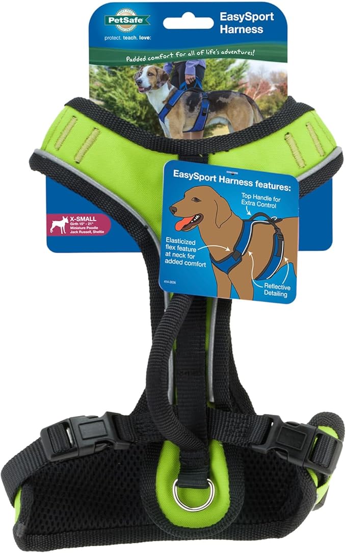 PetSafe EasySport Harness - Durable Padded Fabric, Adjustable Elastic Neckline, Rear-Leash Attachment & Nighttime Reflective Visibility - No Choke or Gag Secure Fit - Extra-Small - Apple Green