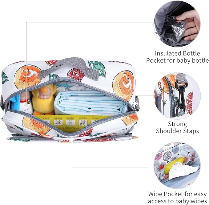 GOGOSO Non-Slip Stroller Organizer Bag for Diapers with Insulated Pocket, Stroller Hooks and Adjustable Strap,Universal Fit Most Strollers, Fruits