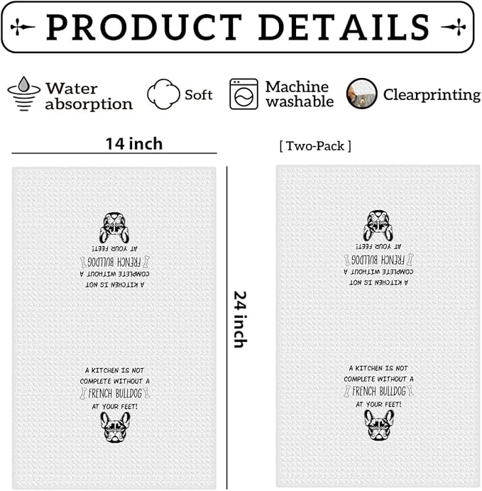 2Pcs French Bulldog Dog Paw Kitchen Towels 24x14 Inch, French Bulldog Gifts for Woman Mom, Reusable Waffle Weave Microfiber Absorbent Hand Tea Dish Towels for Kitchen Bathroom Decor, Dog Lovers Gifts