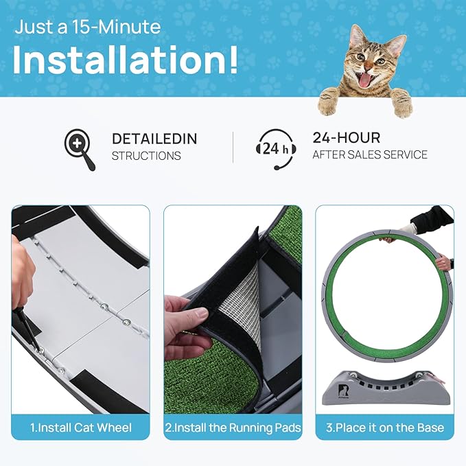 Cat Exercise Wheel, 47.2 Inch Indoor Treadmill for Cats with Carpeted Runway, Screw-Fixed Assembly for Easy Setup, Silent & Safe Fitness Equipment for Most Cats
