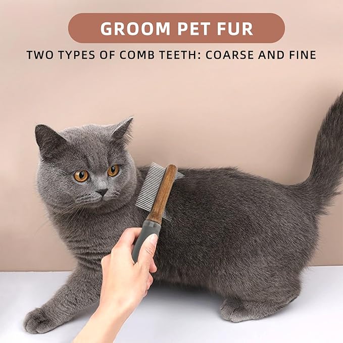 HOP 2-in-1 Dog Dematting&Deshedding Comb with Wooden Handle Double-Sided Fine&Wide Tooth Dematting Comb Pet Flea Comb for Dogs and Cats Gentle Remove Loose Hair Tangles Dirt Fleas