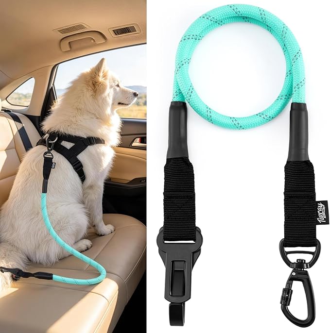 Dog Seat Belt for Car, Universal Dog Car Seatbelt with Buckle and Hook Latch, 360° Rotatable Lockable Clasp, Reflective Safety Pet Harness for Vehicle, Pet Safety Restraint, Cyan