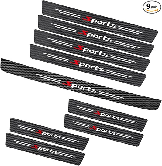 8 PCS Car Door Sill Protectors & 1 PC Rear Bumper Protector, Carbon Fiber Sport Threshold Guard Sticker, Anti-Scratch Door Edge Protection Decoration, Universal for Most Cars