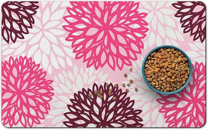 Dog Food Mats for Floors, Absorbent and Quick-Drying Pet Cat Food Mat,Anti-Fouling and Easy-to-Clean Pet Feeding Mat,Dog Bowl Mat for Messy Drinking Water Bowls.17x32, Bohemia Dahlia Floral Style