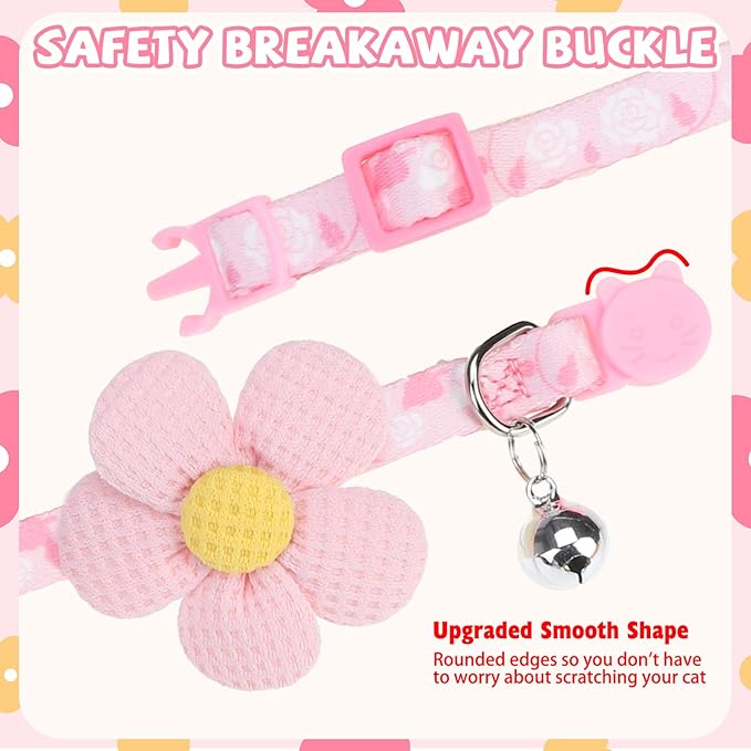 PUPTECK Cat Collar Breakaway with Bells, Kitten Collar Outfit Adjustable for Girl Boy Small Pet Puppy Bunny, Cute Costume Accessory with Safety Release Buckle (Sticker-Flowers)
