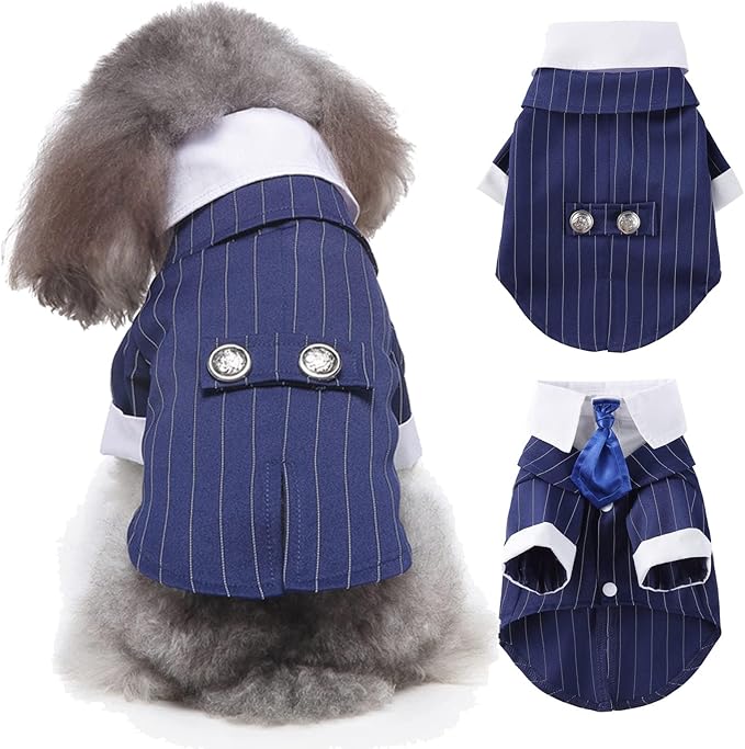 QBLEEV Dog Tuxedo Suit with Bow Tie, Formal Black & White Striped Dog Costume Outfit, Doggy Tux Prince Dress for Wedding Party Birthday Holiday, Elegant Dogs Attire for Golden Retriever Husky Border