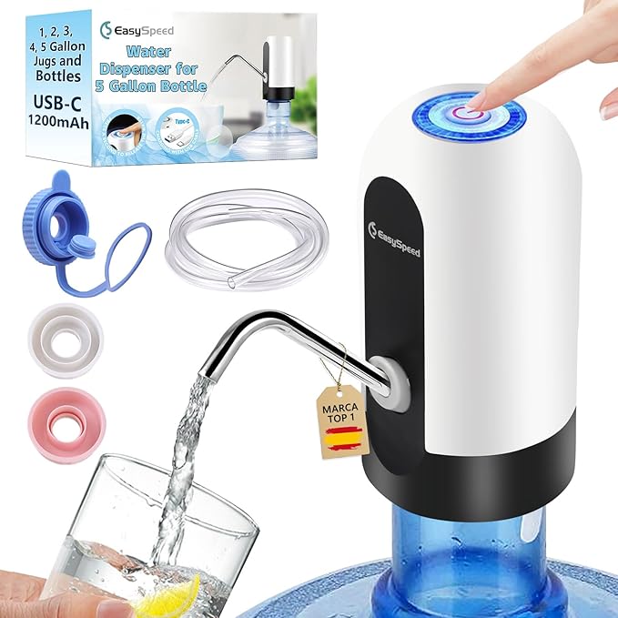 Water Dispenser for 5 Gallon Bottle, USB-C Charging Portable Electric Water Pump with 3 Adapters for 5 Gallon Jugs and Bottles, Automatic Drinking Water Dispenser for Camping, Travel, White
