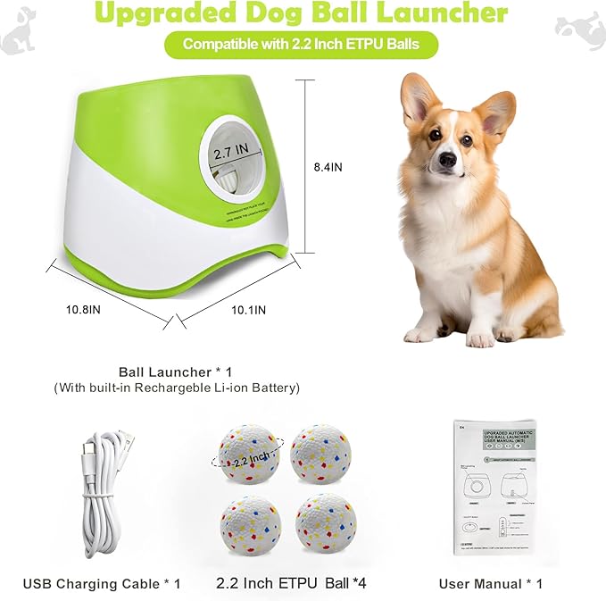 MEKAPLE Automatic Dog Ball Launcher for Samll to Medium Dogs, Upgraded Interactive Toy Balls Thrower, Mental Stimulating Dog Toys with 4 Durable Etpu Balls 2.2 Inch (Light Green)