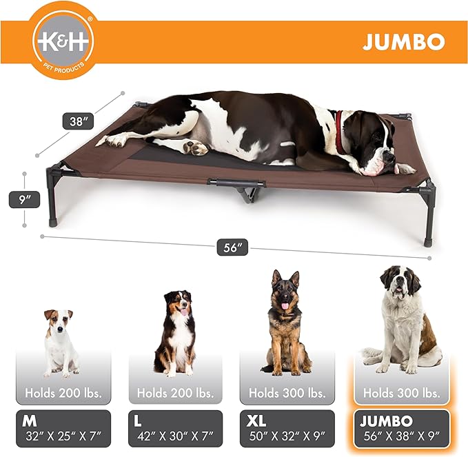 K&H Outdoor Elevated Dog Bed - Cooling Raised Dog Bed for Extra-Large & Giant Pets, Breathable Mesh Center Hammock Design, Indoor/Outdoor Washable Cover, Portable Metal Frame, Chocolate, Jumbo 56x38