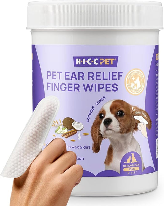 HICC PET Ear Cleaner Finger Wipes for Dogs, Cats, Small Animals, Vet-Trusted Dog Ear Infection Treatment to Relief Itchy & Inflammation, Clean Wax, Dirt, Stain & Odor, Hypoallergenic(Coconut Scent)