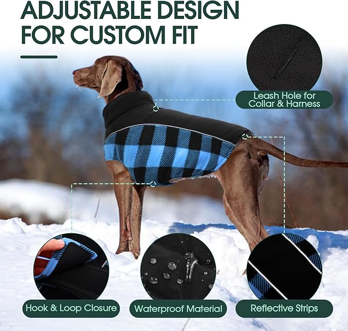 Kuoser Dog Winter Coat, Reversible Waterproof Dog Jacket with Reflective Strip, Warm Dogs Fleece Vest Adjustable Doggy Cold Weather Clothes Plaid Christmas Outfit Pet Apparel for Large Dogs, Blue XL