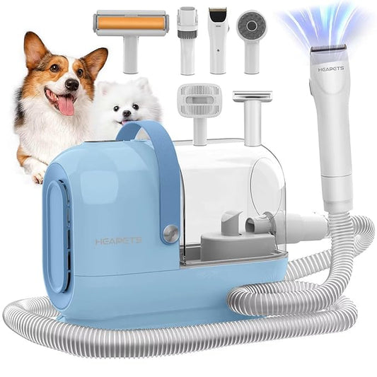 HEAPETS Dog Grooming Vacuum Kit - 3L Vacuum with 7 Tools, Low Noise Electric Clipper and Brush for Pet Shedding at Home, Blue