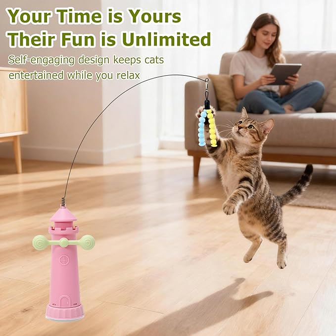 Interactive Cat Toys for Indoor Cats, Windmill Feather Cat Teaser Wand, Bouncy Kitten Toys with Strong Suction Cup Base for Bored Felines & Self-Played Enrichment Pink