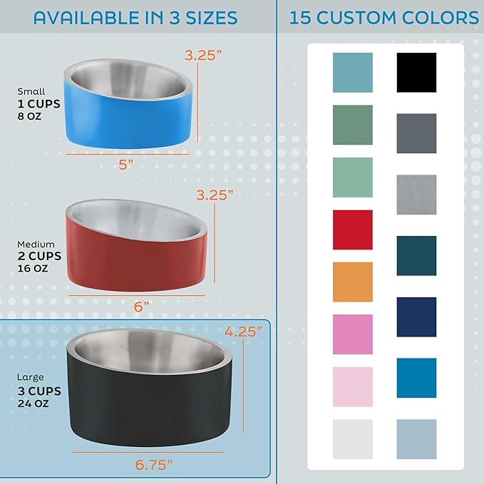 Master Pet Supply Stainless Steel Slanted Dog Cat Food Bowl - 24 oz Heavy Duty - Glacier Blue, Double Wall Insulated, Non-Slip Elevated Bowl for French Bulldogs Pugs Cats, Anti Rust Dishwasher Safe