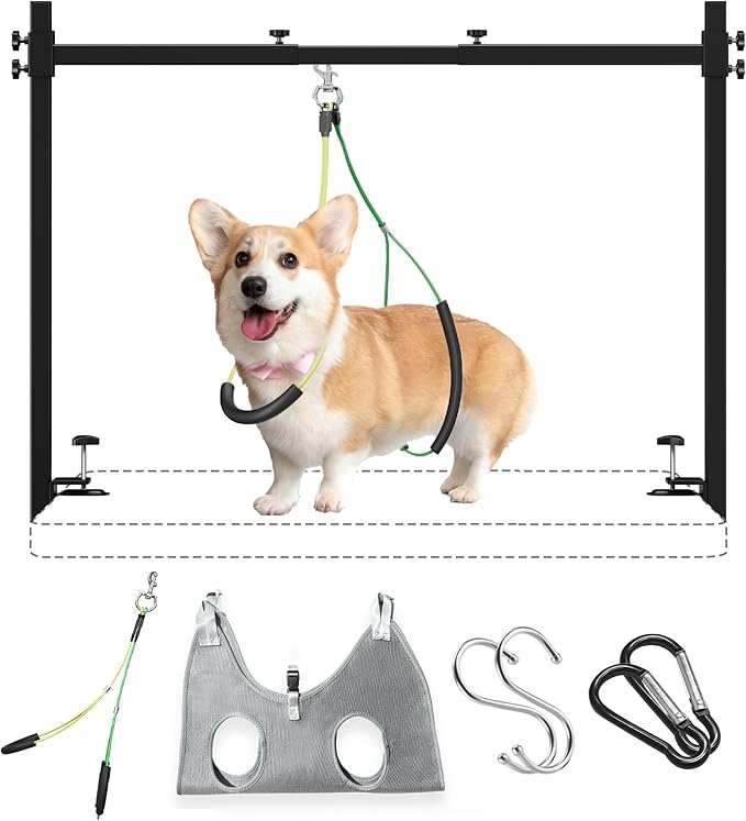 Dog Grooming Arm for Table, M Size, Adjustable 42" Height & 31"–43" Width, H-Shape Stable Grooming Stand, Clamp Fits up to 2.76", with Hammock & 2 Nooses for Home Grooming & Nail Trimming