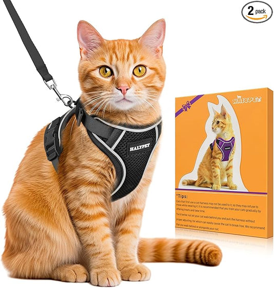 Halypet Cat Harness and Leash Set - MAX Safety 4th-Gen Upgrade, Escape Proof, Adjustable, Comfortable Soft Vest, Easy to Wear Kitten Harness with Reflective Strip for Cats Walking - Small Black