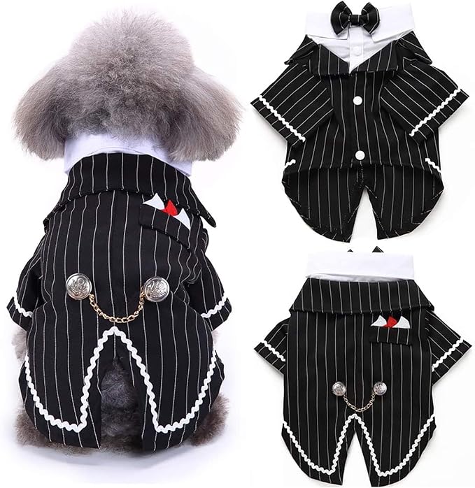 QBLEEV Dog Tuxedo Suit with Bow Tie, Formal Black & White Striped Dog Costume Outfit, Doggy Tux Prince Dress for Wedding Party Birthday Holiday, Elegant Dogs Attire for Chihuahua Yorkie Shih Tzu