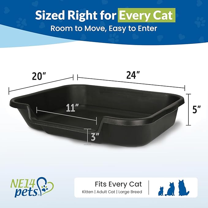 KittyGoHere Senior Cat Litter Box, Large Litter pan with Long-Handle Jumbo Scoop, Open Top Low Entrance Kitty Litters Box, Lightweight Low Entry Litter Box, Durable, Made in USA (Black)