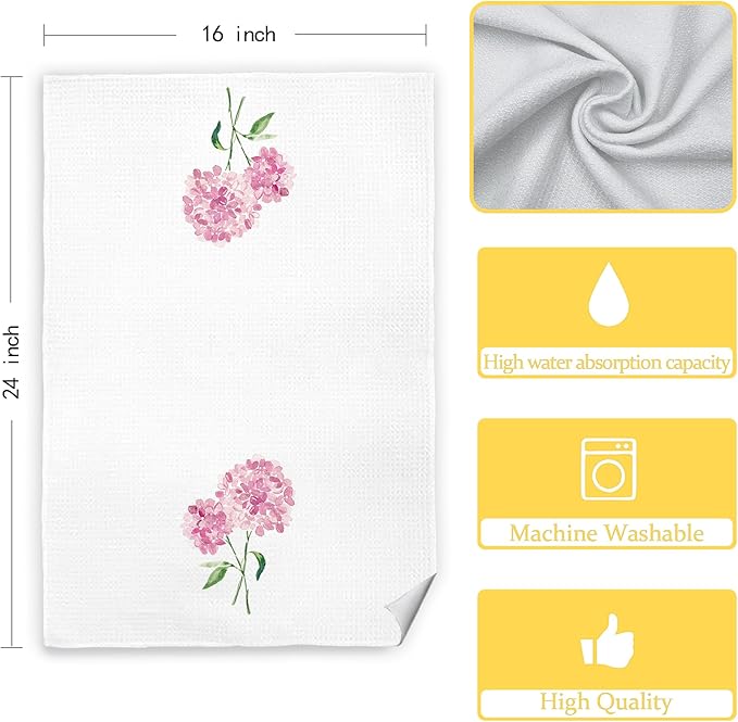 Pink Hydrangea Flowers Floral Kitchen Towels Set of 2 - Flowers Decorative Hand Towels for Bathroom, Pink Hydrangea Decor Dish Towels for Kitchen, Floral Hand Towels, 16x24