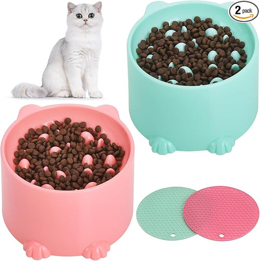2 Pcs Raised Slow Feeder Cat Bowl, Plastic Elevated Cat Slow Feeder Bowl with Anti-Skid Mat, Raised Slow Cat Feeder for Dry and Wet Food (Green＆Pink)