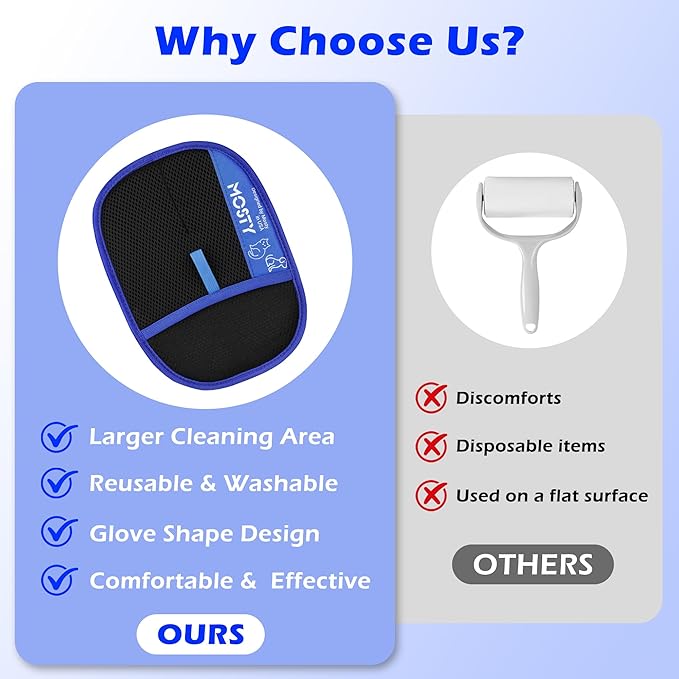 Mosty Pet Hair Removal Glove 2PCS | Double-Sided Magic Hair Remover Cleaning Mitt for Furniture, Carpet, Clothing & Car Seats - Reusable Fur Removal Tool & Gentle Grooming Glove for Dogs & Cats