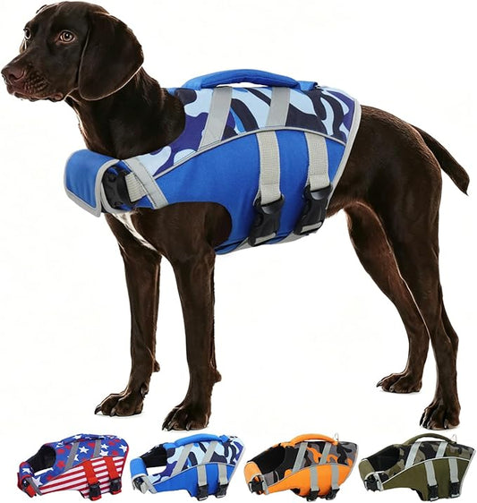 Kuoser Dog Life Jacket with Reflective Stripes, Dog Life Vest for Swimming Boating, Adjustable Pet Lifejackets with High Flotation, Doggie Swimsuit for Small Medium Large Dogs