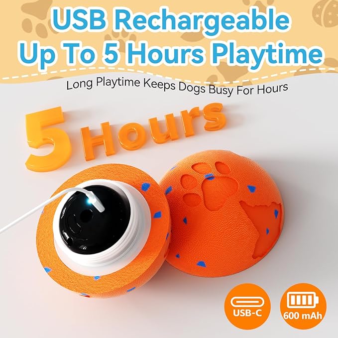 Smart Interactive Dog Toy Ball, Automatic Moving Rolling & Bouncing, Motion Activated E-TPU Dog Ball, Waterproof Chew Resistant for Medium & Large Dogs (Orange)