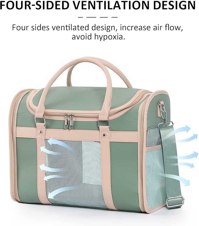 Luxury Mint Green PU Leather Pet Carrier Bag, Airline Compliant Portable Travel Crate with Breathable Mesh Panels & Shoulder Strap for Cats Small Dogs Travel & Vet Use