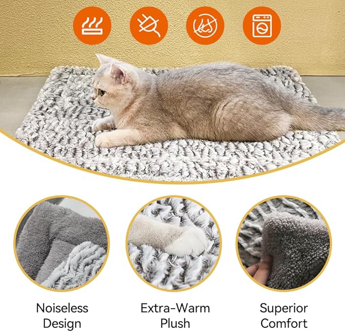 Self Heating Cat Bed Mat 24x20 inch, Thermal Self-Warming Pet Pad for Indoor Cats & Small Dogs, Reversible Washable Fleece with Silent Mylar Layer, Non-Slip Crate Pad Grey