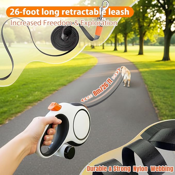 Retractable Dog Leash 26ft Heavy-Duty for Medium & Large Dogs - Upgraded Lock, Tangle-Free, Ergonomic Grip - Perfect for Walking, Running, Outdoor Training (White)