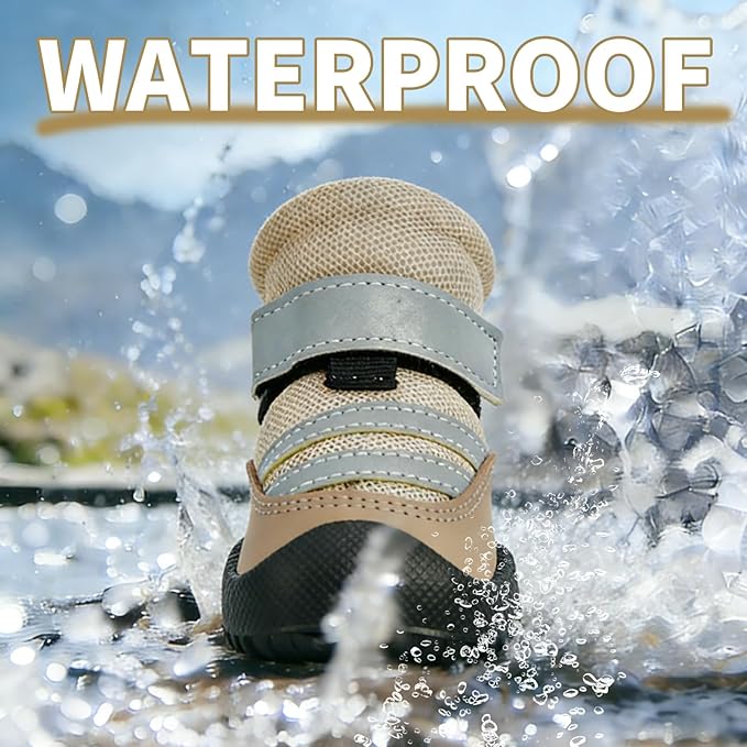 Dog Boots, Waterproof Dog Shoes with Reflective Straps, Rugged Anti-Slip Sole Paw Protectors for Medium Large Dogs, Breathable Pet Booties for Hot Pavement, Snow, Hiking, 4Pcs