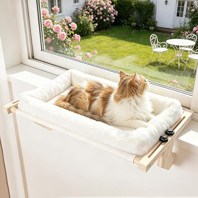 Cat Sill Window Perch - 100% Natural Pine Frame, Soft Rabbit Fur Cushion, Tool-Free Adjustment, Supports 50 lbs (Large-White)