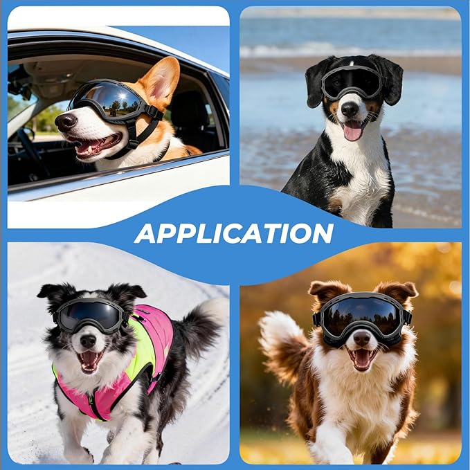 Dog Goggles for Medium to Large Breeds, UV Protection Dog Sunglasses with PC Lens, Soft TPU Frame and Adjustable Straps, Windproof Dustproof Anti-Fog Pet Eyewear for Outdoor Activities (Black Frame)